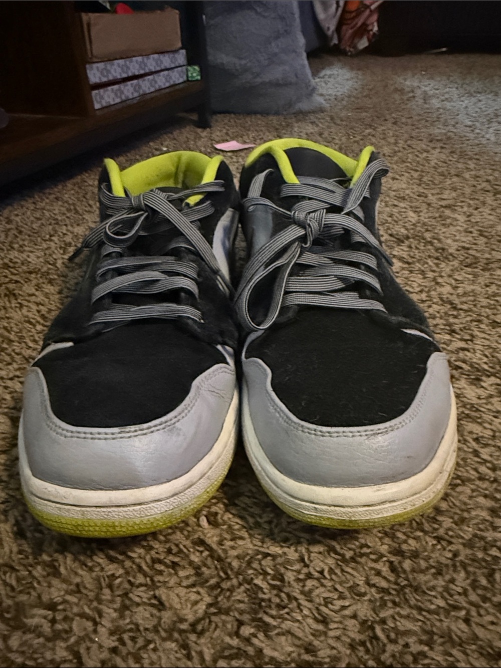 Jordan Men's Black and Gray Low-Top Sneakers with Lime Accents